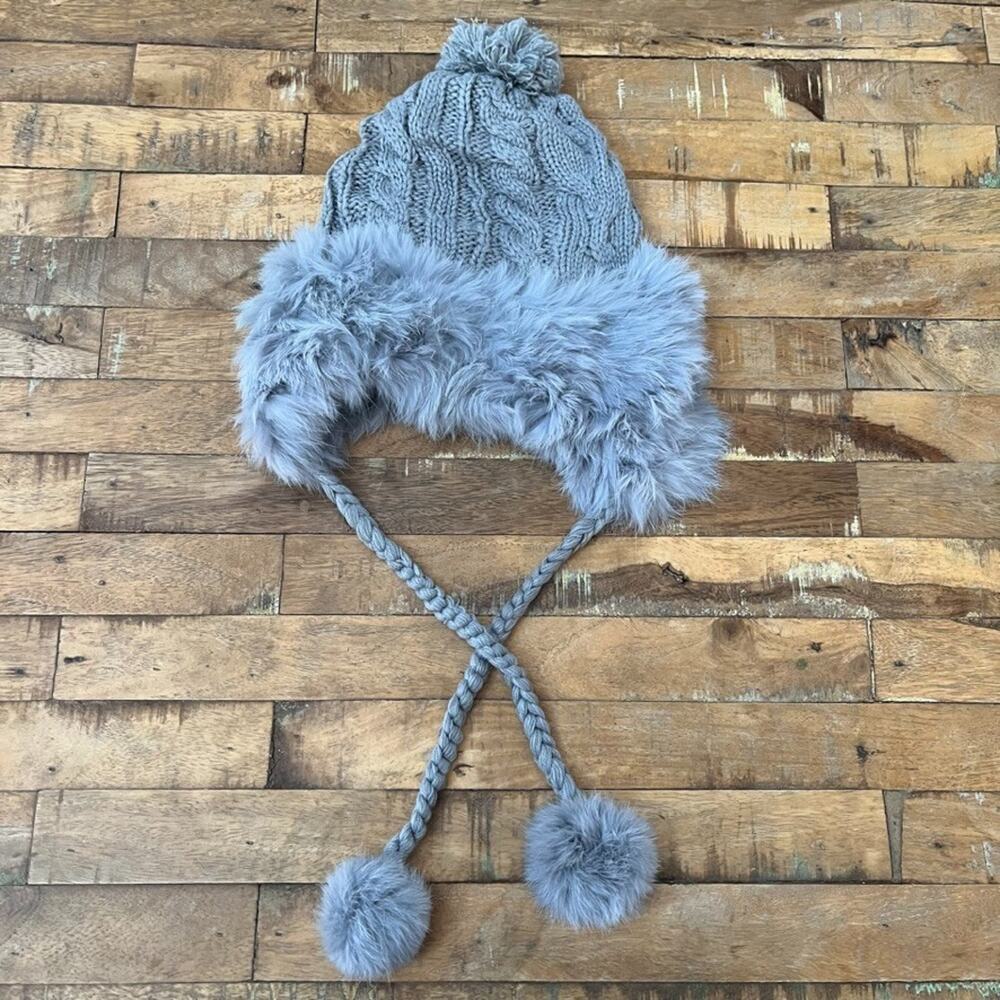 Gray Women's Trapper-Style Hat Braided Cable Knit Genuine Fur Trim